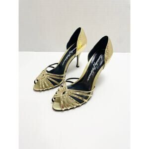 Beverly Feldman Gold Metallic Open Toe Gold Heels size 8